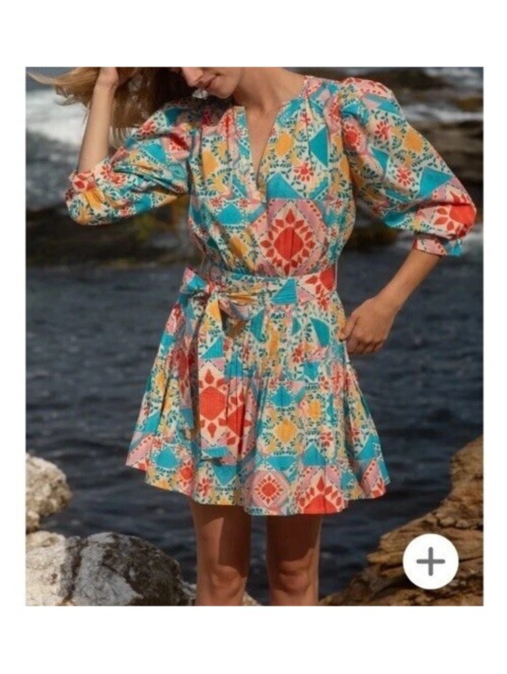 Laroque Original Cleo Belted Tunic Mini Cotton Sundress Del Sol Print Small $126